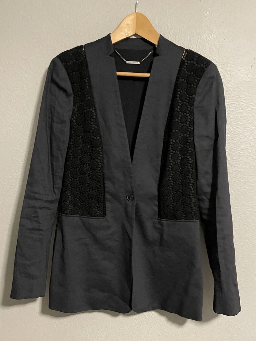 Elie Tahari Womens Bonnie Blazer Size 8 Navy Linen Blend Floral Crochet Trim